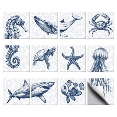 PVC 타일 시트지 세트 다양한 패턴 방수 주방 욕실 리폼 장식 10x10cm 12가지 다른 디자인 1세트 총 36개, 스틸블루