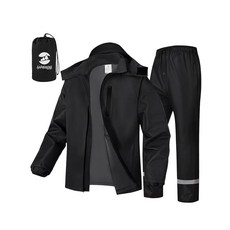 SaphiRose 남성용 방수 레인 수트 2개/세트 골프 오토바이 낚시용 휴대용 레인 기어 블랙 플래킷 S 414641, M, 블랙/반사 스트립