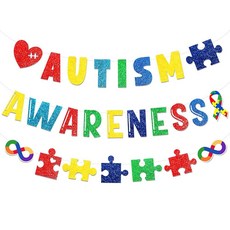 자폐증 인식 배너 다채로운 글리터 퍼즐 조각 배너 러브 하트 퍼즐 피스 4월 자폐증 인식 장식