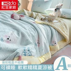 HODO 紅豆家紡 卡通可愛夏涼被，抗菌、柔軟、透氣，適合夏季空調房，單人/雙人, 藍格小白/軟糯透氣,150*200cm/夏涼被