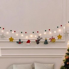 聖誕節裝飾照片牆拉花彩旗party佈置裝飾品夾子聖誕樹毛氈小拉旗, 1個, 小鹿聖誕帽+毛球+燈串