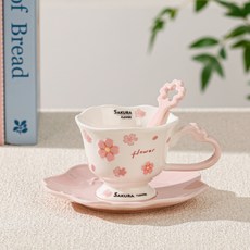 櫻花 陶瓷咖啡杯套裝 附碟可愛設計, 櫻花 - 白色杯碟櫻花勺, 1個