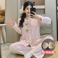 DFMEI 夏薄款月子服產婦產後孕婦睡衣雲朵棉萬年格帶胸墊餵奶哺乳衣