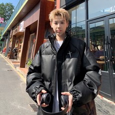 立領鱷魚紋加厚棉服 冬季潮流寬鬆保暖PU皮棉衣外套