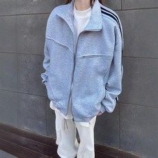 灰色寬鬆夾克外套 側邊條紋拉鏈立領長袖休閒上衣