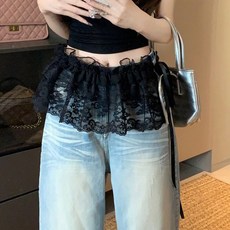 여성 레이스 프릴 허리치마 리본끈 레이어드 힙스커트 페플럼 벨트형 미니 벌룬 프릴 치마 레이스 쉬폰 레이어드 랩 스커트 코디