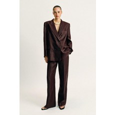 ZARA 100% 린넨 숄더패드 더블 브레스트 블레이저 - 브라운 2627/809/700