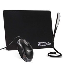 SOON GO 패드가 있는 미니 마우스+USB LED 조명 3 in 1 선물 콤보 아동용 마우스 노트북 홈 오피스 여행용 블루, 블랙셋