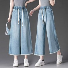 DUOMIHAN여성 데님 와이드 팬츠 밴딩 허리 9부 청바지 캐주얼 통바지 여름 데일리룩WZS60310