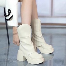 투니스 여성 단색 백 집업 가죽 하이힐 미디 부츠 7cm