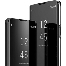 Migexxkj 아이폰 17 프로 케이스 미러 가죽 커버 지갑 슬림 클리어 S-뷰 충격 방지 얇은 커버 킥스탠드 포함 긁힘 방지 보호 폰 케이스 아이폰 17 프로 5G용 (퍼플, 블랙