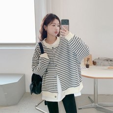 봄 가을 임산부 니트 코트 빅사이즈 스트라이프 라운드넥 자켓 캐주얼 임부복 니트 가디건 LT
