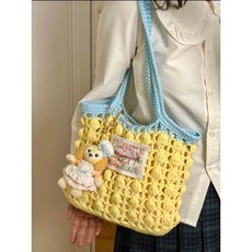 優選好物 手工編織小紅書鈎針3mm小圓紗交換禮物單肩包鏤空包材料包diy 手工編織芝士包 單肩包 鏤空包生日禮物, 黃拼藍單肩泡泡包材料包(有標 無掛件),含內襯, 1個
