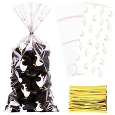 Yexiya 100피스 구스 캔디 백 셀로판 투명 간식 선물 가방 리본 화이트 프린트 플라스틱 스낵 베이비 샤워 생일 파티 123296 8572587024, 화이트 구스