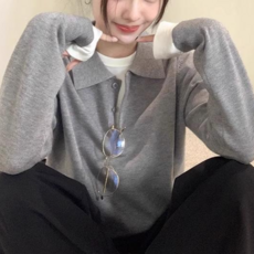 야오야오 버튼 카라 긴팔 니트