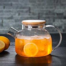 高硼矽玻璃水壺 大容量家用, 小號竹蓋冷水壺 - 1L 茶水分離丨高硼玻璃, 1套, 1L