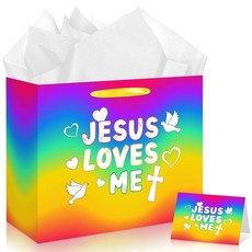 다채로운 Jesus Loves Me 선물 가방 기독교 종교 포장지 인사말 카드 포함 무지개 십자가 크리스마스 장식 교회 베이비 샤워 세례 생일 일요일 학교 파티, 다채로운 Jesus Loves Me 선물 가방, 기독교