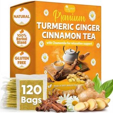 TOG999 프리미엄 티백 20개 슈퍼 모링가 허브 티 잎 스피어민트 생강 레몬 껍질 및 카모마일의 특별한 혼합. 설탕 카페인 없음 글루텐 비건. 184606, 강황, 생강, 시나몬 및 카모마일 꽃, 120 Bags