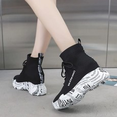 운동화 통굽 니트 키높이 5cm 메쉬 부츠 스니커즈 하이탑 삭스, 검은색