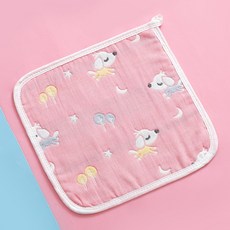 嬰兒純棉六層紗布方巾 25x25cm 寶寶口水巾 洗臉巾 柔軟透氣吸水 四季適用, 1個, 粉色 小狗
