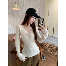 여성용 레이스 리본 V넥 긴팔 티셔츠 슬림핏 슬리밍 이너 탑