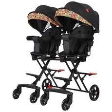 2인용 쌍둥이 유모카 바람막이 간편한 초경량 유모차, 블랙+캐노피