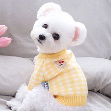 寵物狗狗衣服 春鞦款 針織網眼毛衣 可愛花朵設計, 1個, 兔子刺繡格子-黃色,L 建議9-12斤