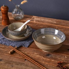 陶瓷日式拉麵碗 湯碗 飯碗 牛肉麵碗 碗公 臺灣出貨, 1個, 7英寸圓盤+7英吋拉麵碗+飯碗+勺+筷子,【藍雨】日式復古芝麻釉