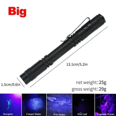 UV 플래시라이트 395nm EDC 휴대용 손전등 화폐 감지 애완동물 얼룩 제거 네일 아트용 클립 포함 퍼플 빔