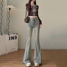 슬림소녀 여성용 부츠컷 스판 청바지 하이웨스트 슬림 데님 팬츠 나팔바지