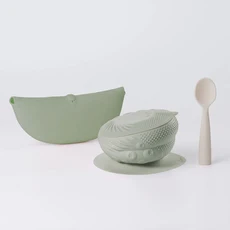 嬰幼兒矽膠吸盤碗餵食 - 含圍兜、湯匙 寶寶自主進食訓練餐具, 挪威森林, 1套