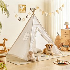 SeekFun 인디언 놀이 텐트 원목 린넨 놀이집 실내 인스타 감성 플레이 하우스 삼각형 튼튼한 홈 인테리어 세탁 가능, 베이지색 (S), 1개