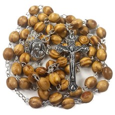 Nazareth Store 가톨릭 기도 묵주 올리브 나무 비즈 목걸이 성토메달 및 금속 십자가 벨벳 선물 가방, Nazareth Store 가톨릭 기도 묵주 올리브 나