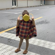 키즈 유아 아동 겨울 체크 방울 꼬깔모자 망토 코트