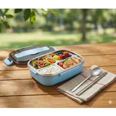 不鏽鋼分隔型便當盒 餐盒, 藍白, 1個