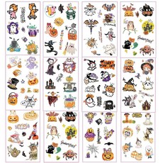 할로윈 임시 타투 스티커 아동용 귀여운 할로윈 장식 데칼 얼굴 팔 바디 아트 장식 12장, 할로윈 임시 타투 스티커 귀여운 장식 데칼 얼굴 팔 바