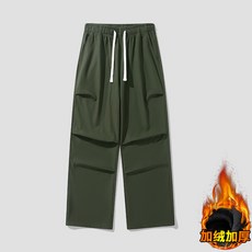 加絨加厚寬鬆休閒褲男 潮流百搭闊腿褲拖地, M 建議體重（50-60 公斤）, 軍綠