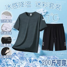 迷彩短袖運動套裝 寬鬆涼感速乾大尺碼兩件套