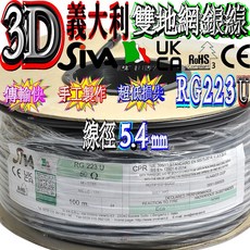 SIVA RG223 U 義大利原裝 3D雙地網銀線，高密度編織，手工製作，快速傳輸, 1個, 3米（不含接頭）