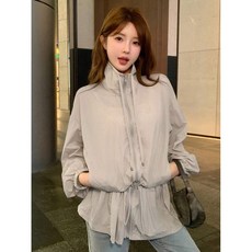 WEILI 女式春鞦戶外休閒長袖立領夾剋，抽繩腰部撞色荷葉邊下擺寬鬆版型