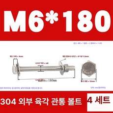 스테인리스 외부 육각 벽면 나사 연장 볼트, 1개, M6x180(4 세트