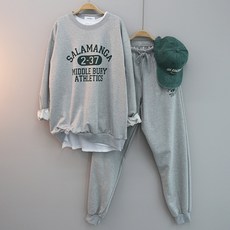 女款大尺碼寬鬆運動慢跑訓練套裝慢跑褲大學T寬鬆上下套裝