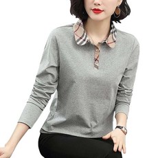 WANGBAIWAN 여성 중년 체크 카라넥 순면 긴팔 티셔츠 캐주얼 편안한 엄마옷 S54