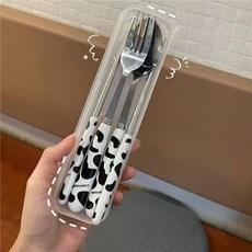 딸기 젓가락 스푼 포크 커트레이 세트 휴대용 여행 스테인레스 스틸 식기 주방 용품 케이스, 블랙 앤 화이트 카우, 1개, 기본 색상