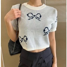 蝴蝶結圖案短袖針織運動上衣，修身顯瘦，多色可選，舒適透氣