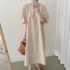 투니스 여성 루즈핏 단색 라운드넥 퍼프 반소매 롱 원피스