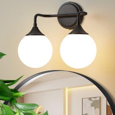 리탁크든 블랙 욕실 조명기구 거울 위의 모던 베니티 조명 미드 센추리 매트 월 스콘스 2-라이트 밀키 화이트 글래스 볼 쉐이드, Brushed Nickel, 2-Light