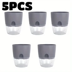 5PCS 플라스틱 꽃 냄비 포트가있는 자체 로프 작은 식물 급수 면 이중층 수경 주입, Grey 5PCS