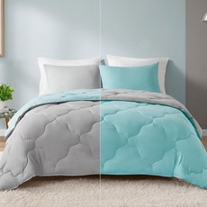 Comfort Spaces Vixie 양면 거위 털 얼터너티브 이불 미니 세트 124240, 아쿠아/라이트 그레이