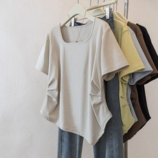 여성 반팔 플러스사이즈 슬림핏 티셔츠 여름 셔링